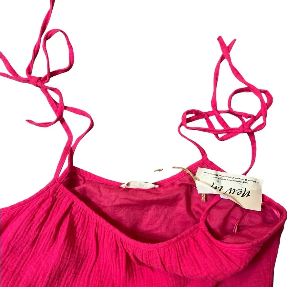 New In Cotton Gauze Summer Sundress with Spaghetti Straps Lined Fuchsia Pink NWT - Picture 5 of 6